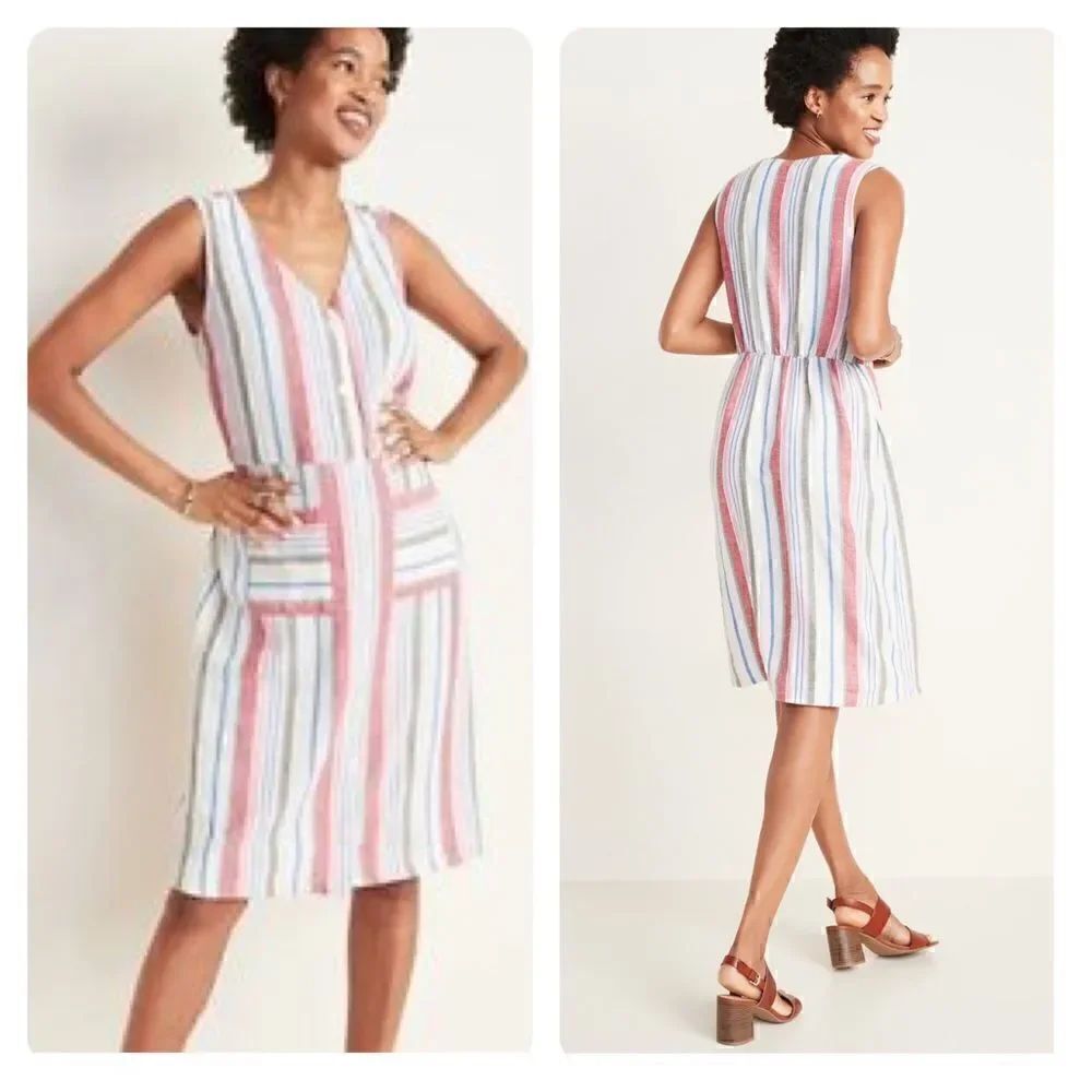 Old Navy Size Medium Linen Blend Sleeveless Striped Midi Dress Pockets